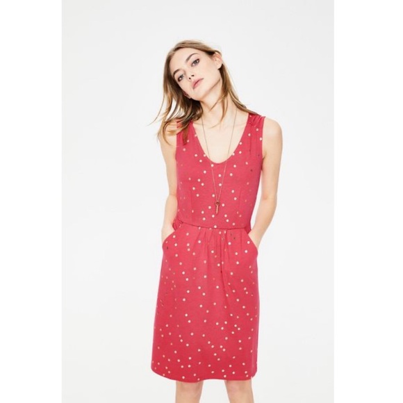 Boden Melinda Jersey Dress in Coral Sunset Foil Spot 6 Long - Picture 2 of 9